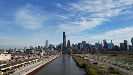 chicago urban city skyline drone over river