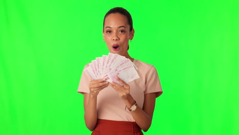 Money,-fan-and-woman-on-green-screen