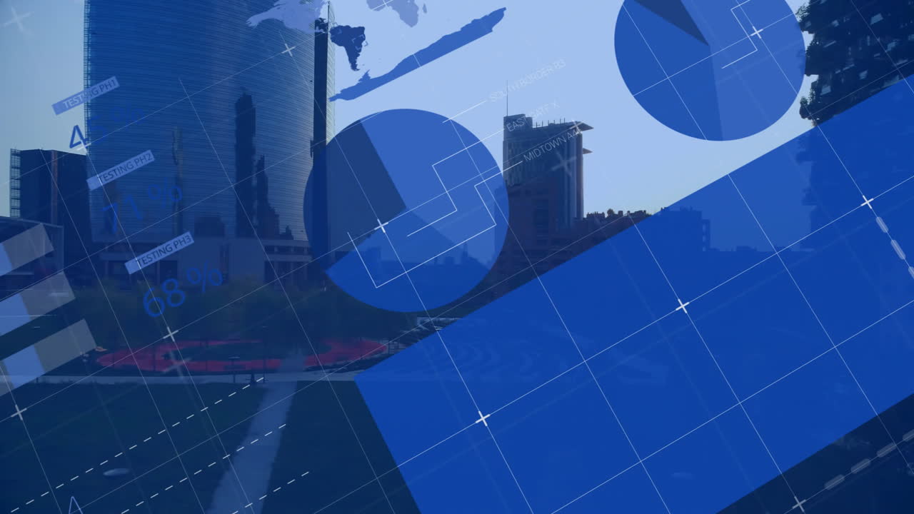 Blueprint-style animation over cityscape with world map and architectural diagrams