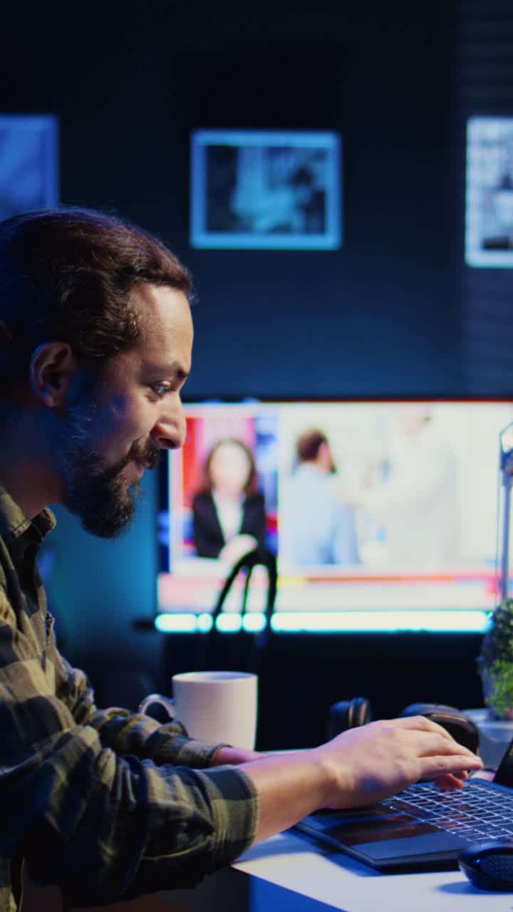 Video verticale. Uomo sorridente soddisfatto dei dati statistici e dei grafici finanziari sullo schermo del laptop