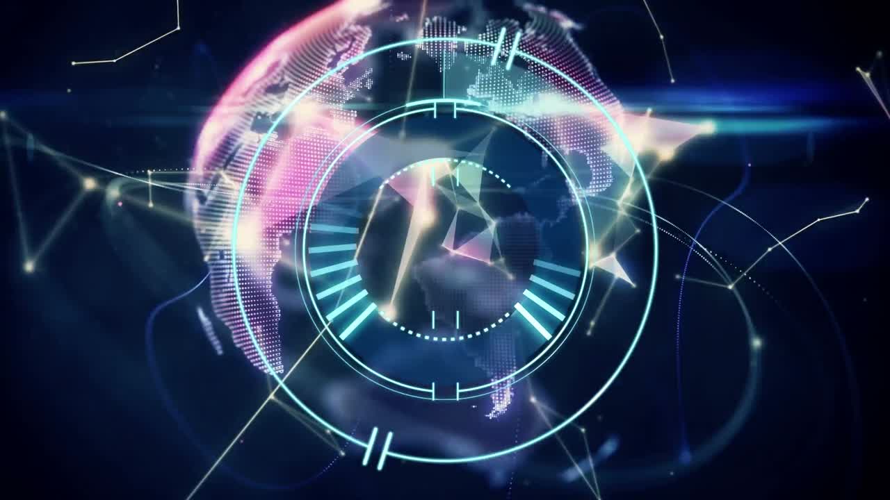 animación de la red de conexiones, escaneo de alcance y globo sobre fondo negro