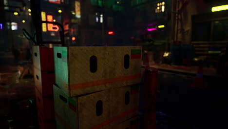 cyberpunk alleyway with stacked boxes