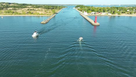 boat traffic flowing in and out of the channel connecting lake michigan to muskegon lake