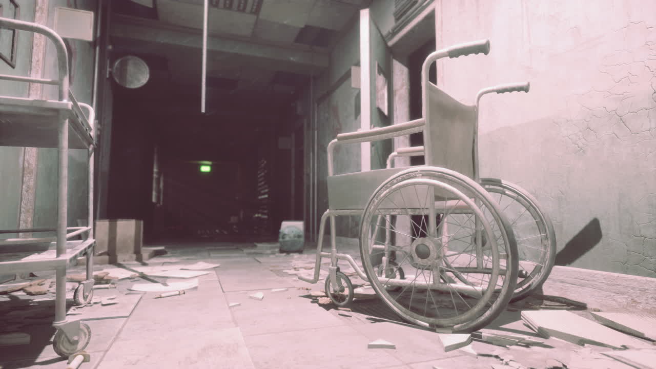 체어가 있는 끔찍한 버려진 병원 복도