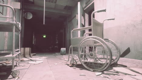 creepy abandoned hospital corridor with wheelchair