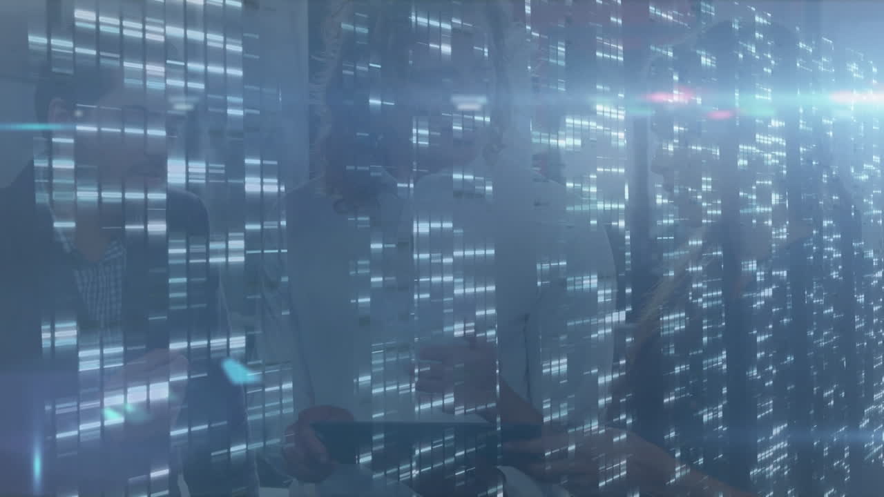 Animation of glowing lights over talking business people