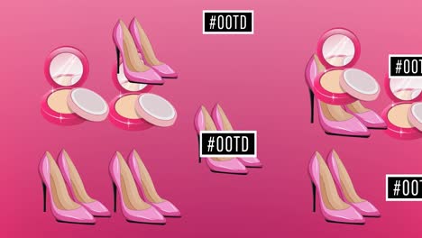 Animation-of-ootd-text-high-heels-and-make-up-powder-repeated-on-pink-background