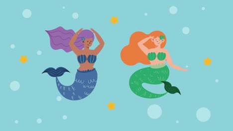 two beautiful fairy tale mermaids with stars animation