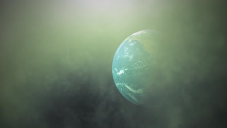 planet earth pollution concept. world in green toxic smoke, global warming and pollution background. 4k 3d globe with flare light, clouds and smog floating in space showing contamination and chaos.