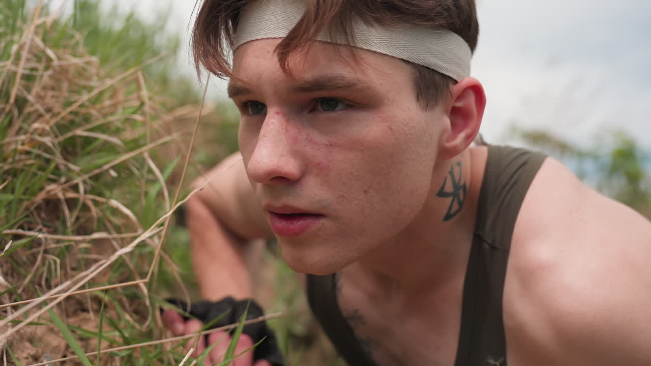 fighter rising from sandy grass mound scanning surroundings with cautious gaze and gloved hand grasping edge while red pimples dot nose under bright sky near river bank wilderness scene