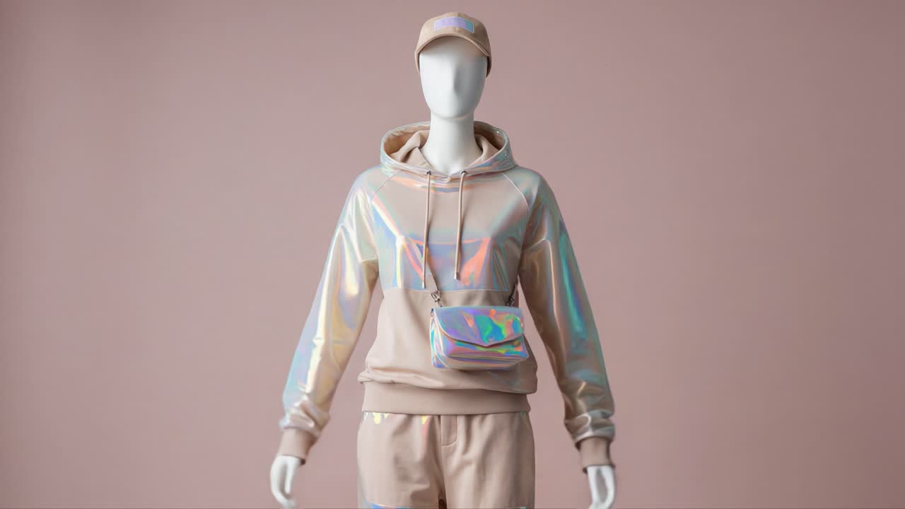 A Showcase of Contemporary Fashion: An Iridescent Sportswear Ensemble Featuring a Hoodie, Joggers, and Accessories for a Modern, Trendy Look