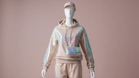 a showcase of contemporary fashion: an iridescent sportswear ensemble featuring a hoodie, joggers, and accessories for a modern, trendy look