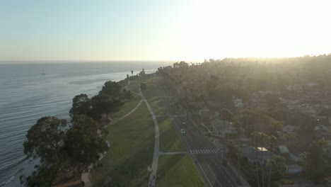 high altitude over shoreline park in santa barbara during sunset