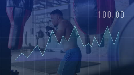 male boxer throwing punch in gym, showing fitness grid, blue line graph and numeric 100
