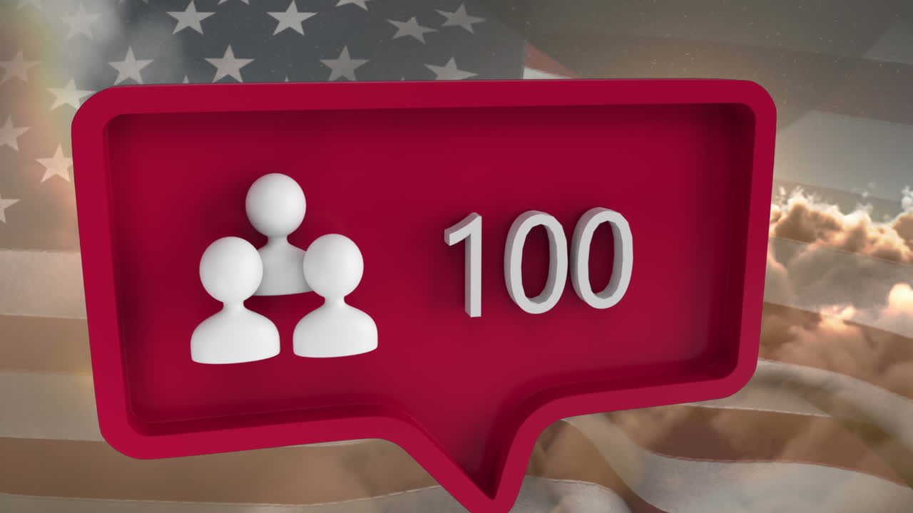 Animation of people icon with numbers on speech bubble with flag of usa
