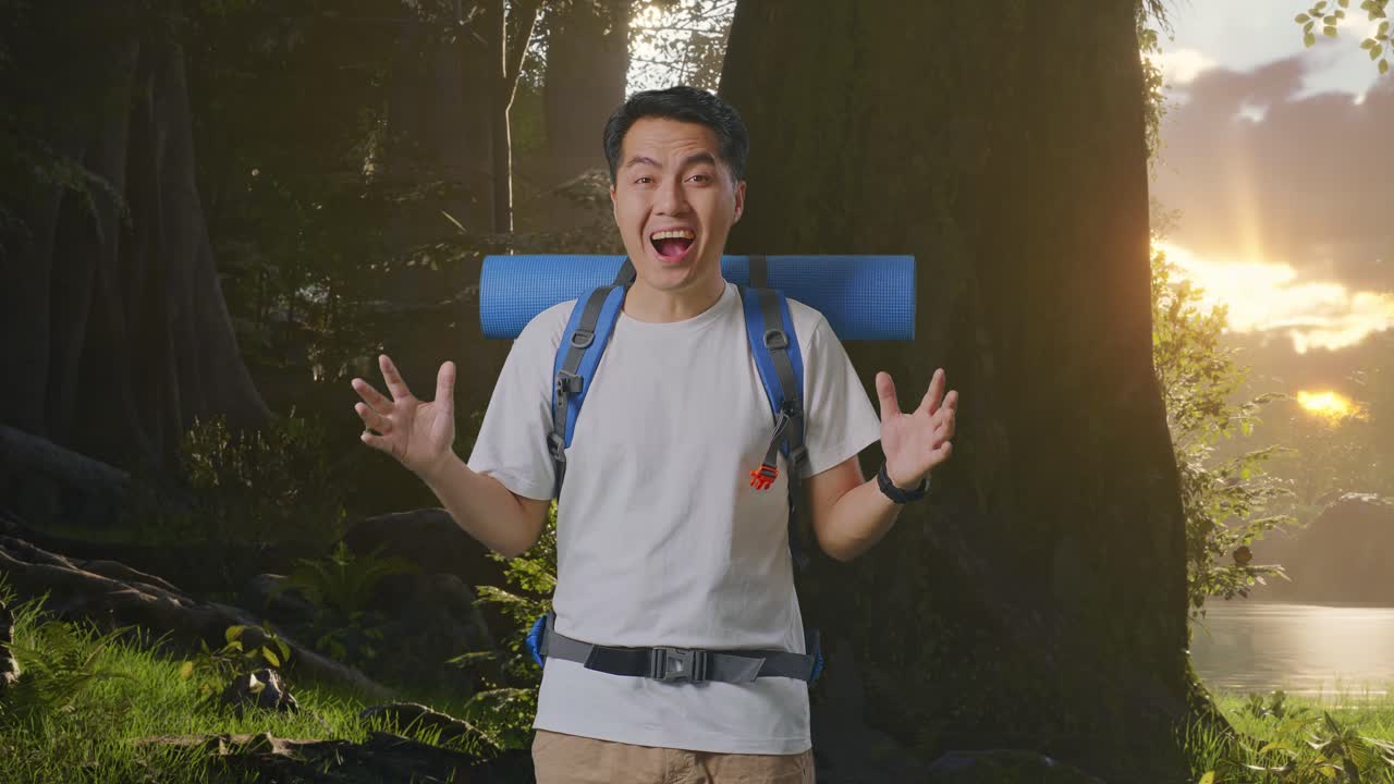 흥분 된 남자 가 숲 에서 산책 하고 있다