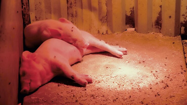 Two little pigs sleeping under a red lamp
