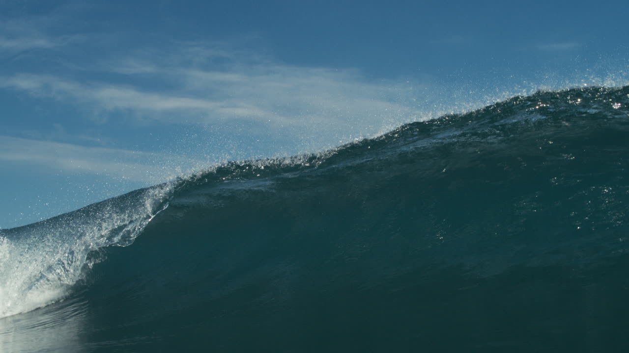 Perfect barrel wave curls smoothly across turquoise ocean under low morning light, glistening textured backdrop