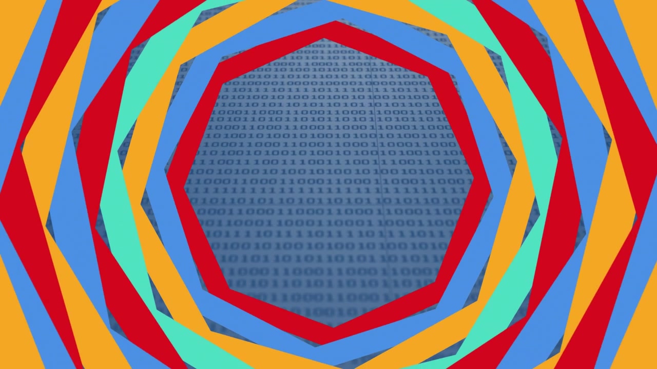 Colorful motion hexagonal banner over binary coding data processing against grey background