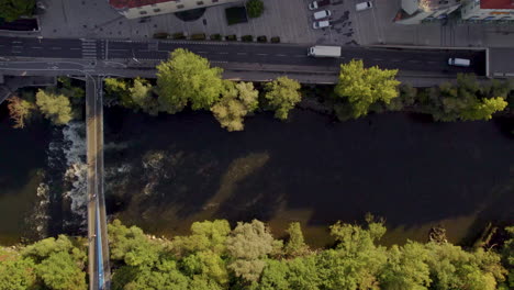 Famous-artificial-floating-island-platform-Birdseye-aerial-view-above-the-river-Mur-through-Graz-Murinsel