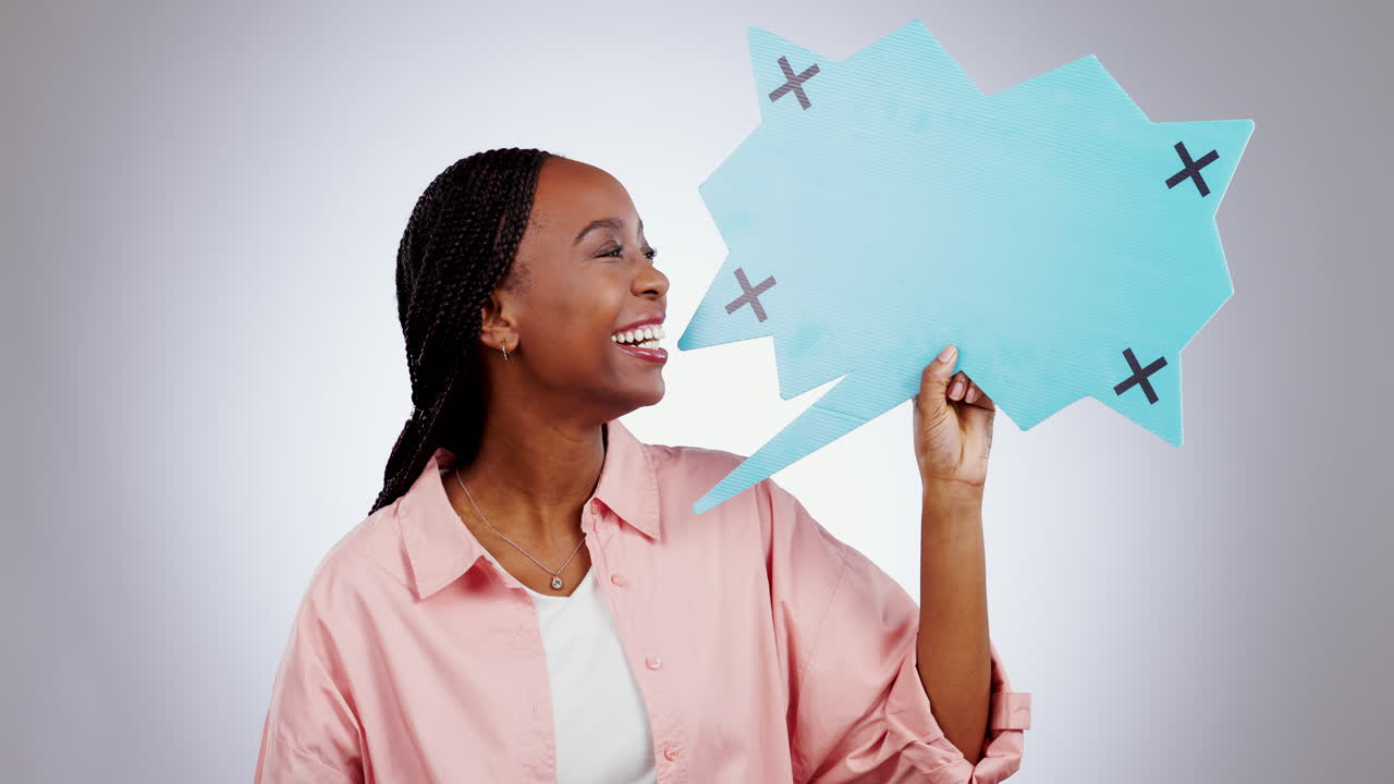 Speech bubble, news and face of black woman