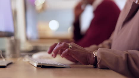 hands, businesswoman and typing on computer