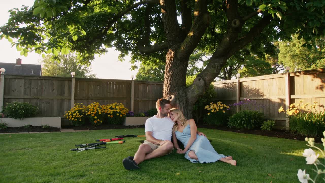 Basking in golden sunlight couple leaning and resting head on shoulder in yard under tree, rackets