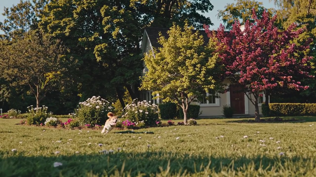 A Playful Dog Runs Across a Green Lawn in Slow Motion