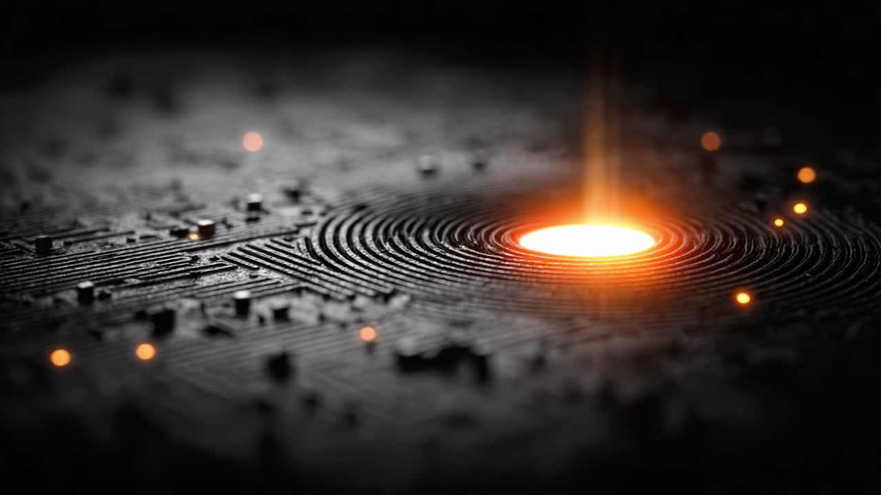 A mesmerizing display of illuminated circuitry featuring a glowing central vortex, surrounded by intricate patterns and glowing elements, highlighting the harmony of technology and innovation