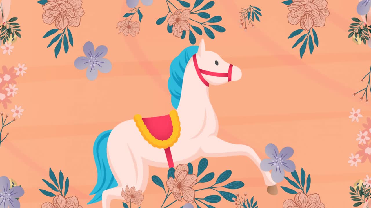 animación de iconas de caballos y flores sobre un fondo rosado