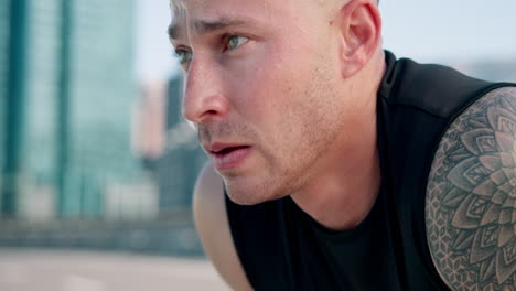 sports, breathe and man athlete in the city