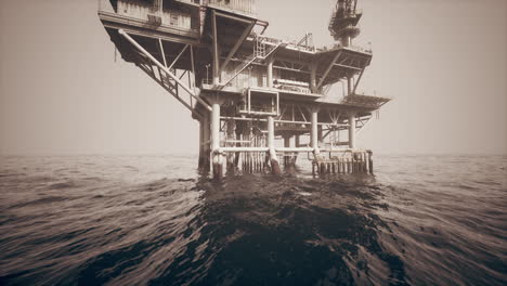 old oil platform standing in calm waters during early morning light