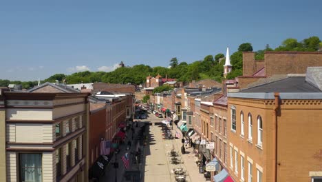 Low-Aerial-View-of-Main-Street-in-Downtown-Galena,-Illinois