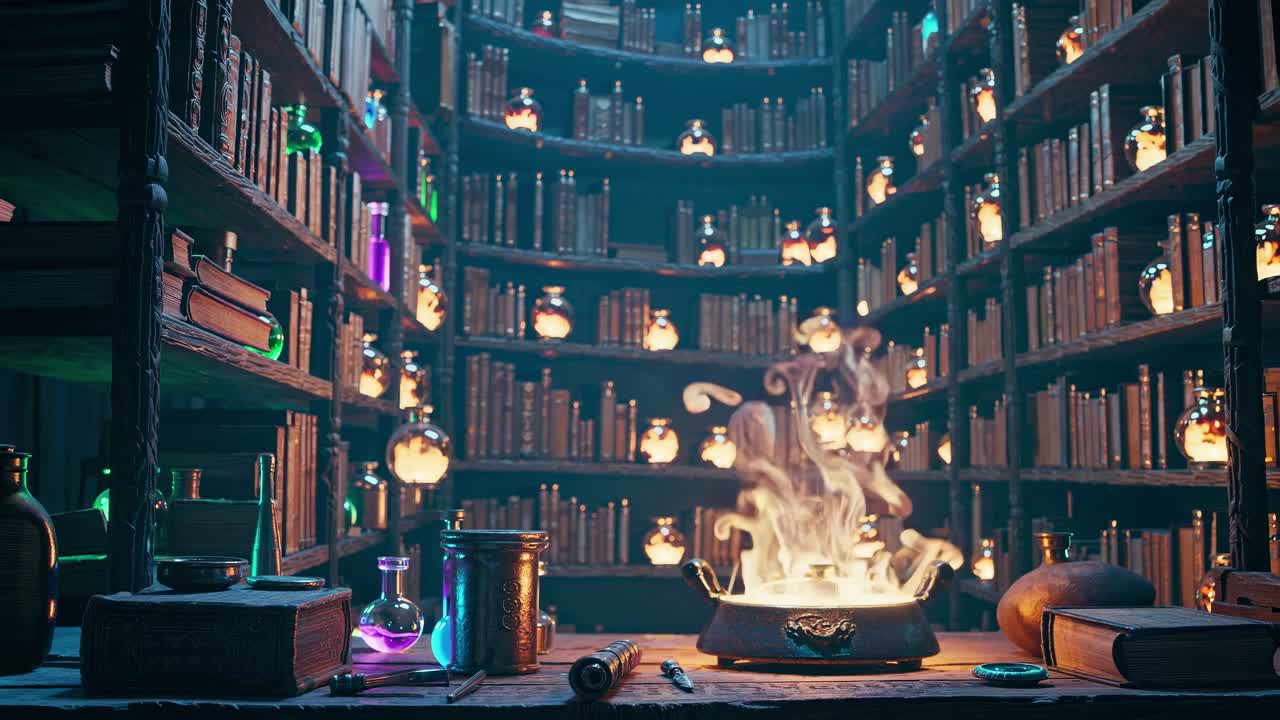 A mystical library with shelves of glowing potions and books, shot from a low angle