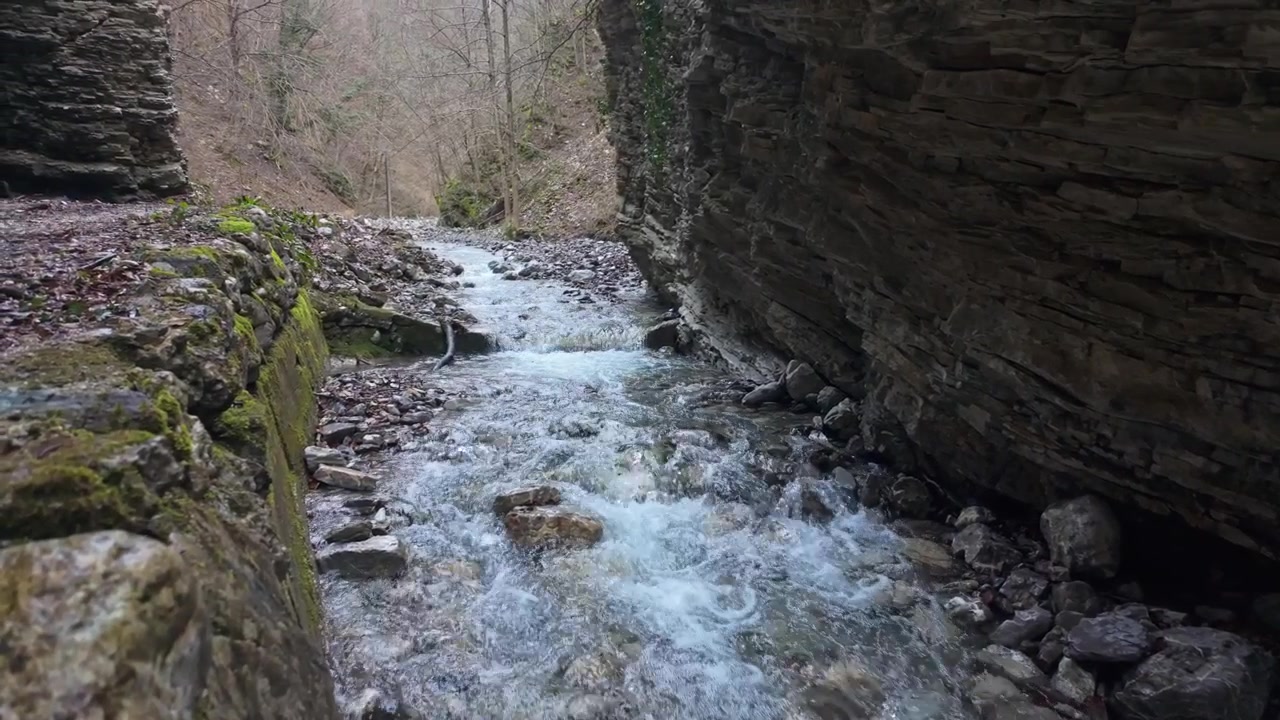 Gola di Driselpoh vicino a Podbrdo, Slovenia, con il limpido torrente Koritnica che scorre tra rocce muschiose e scogliere boscose in una valle montana invernale, ripreso al rallentatore.