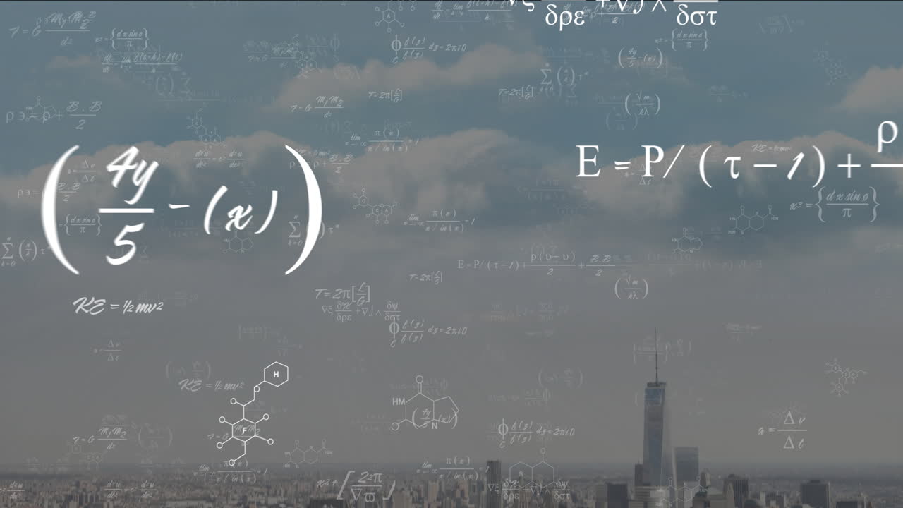 Animation of mathematical equations and chemical formulas overlaying city skyline