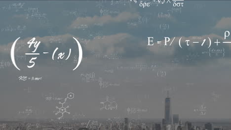 animation of mathematical equations and chemical formulas overlaying city skyline