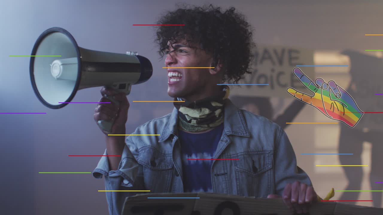 animación del arco iris mano sobre hombre afroamericano con altavoz