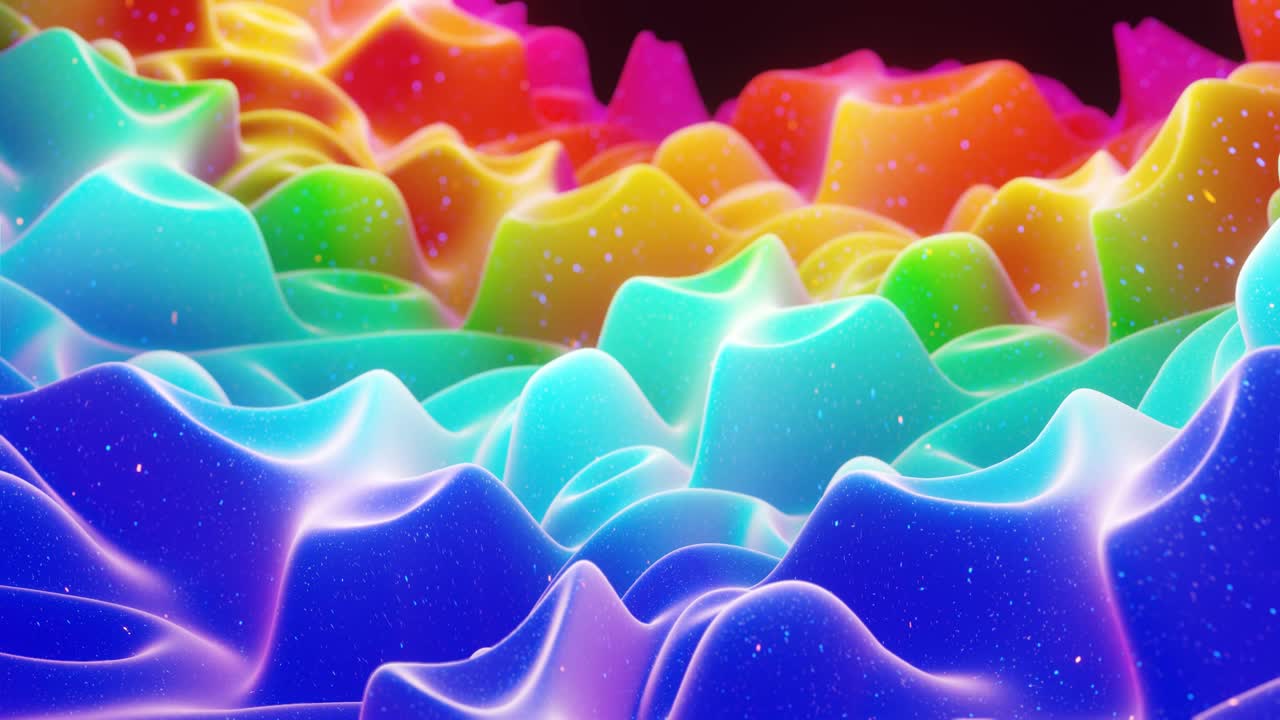 스트루드 또는 디스플레이스 파동으로 아름다운 추상적인 3d 표면은 루프로 변환됩니다. 무지개 그라디언트: 달함이나 마말라드와 같은 부드러운 매트 재료, 가운 내부 빛, 모핑 표면에서 반이는.