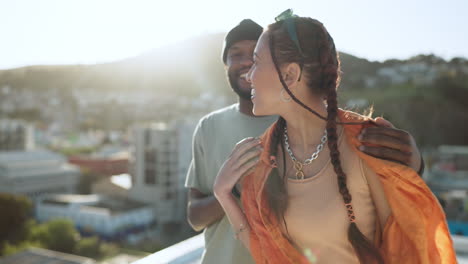 travel, love and couple on a rooftop in the city