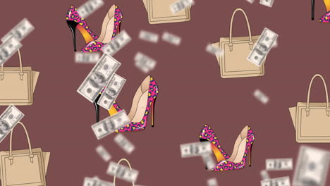 animación de iconos de zapatos y bolsos de mano sobre fondo rojo