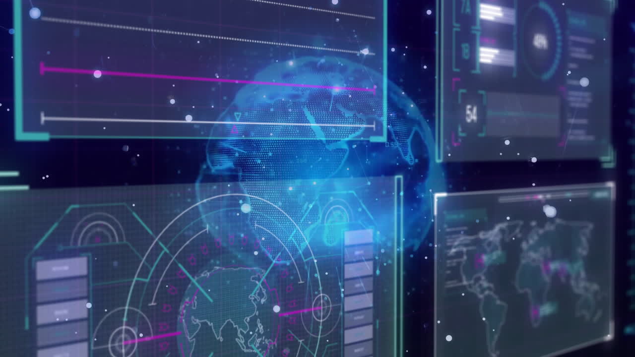 Animation of globe, screens with data processing on black background