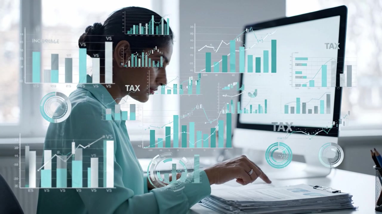 Focused Professional Woman Reviewing Documents at Desk with Computer, Symbolizing Concentration and Productivity in a Modern Office Environment
