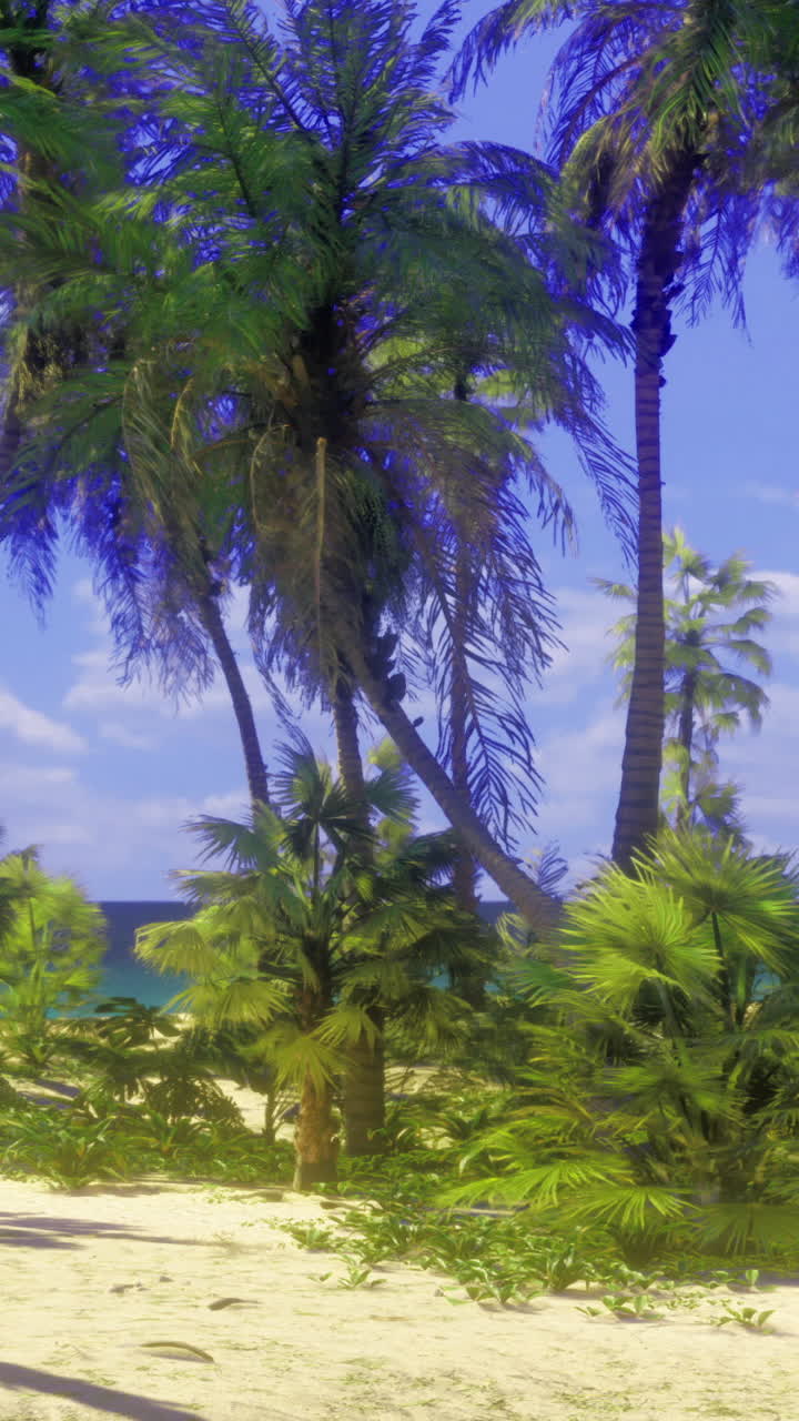 Lush tropical landscape with palm trees and clear blue sky near the coast