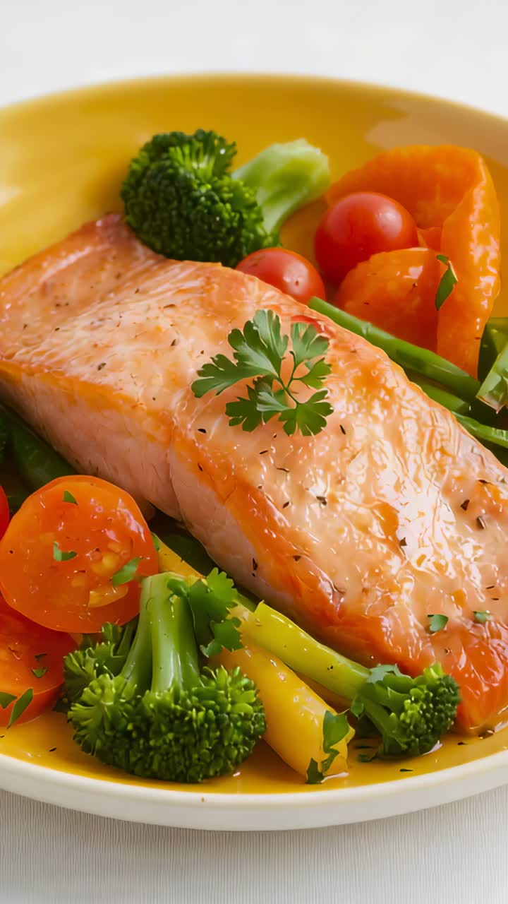 Vertical video: Zooming camera on salmon fillet in yellow bowl at studio, showing glaze and parsley
