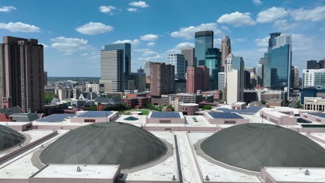 minneapolis skyline as seen from minneapolis convention center domes on beautiful summer day