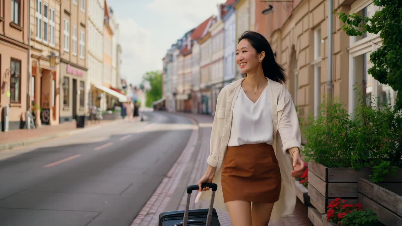 Smiling Woman with Suitcase Walking on a European City Street