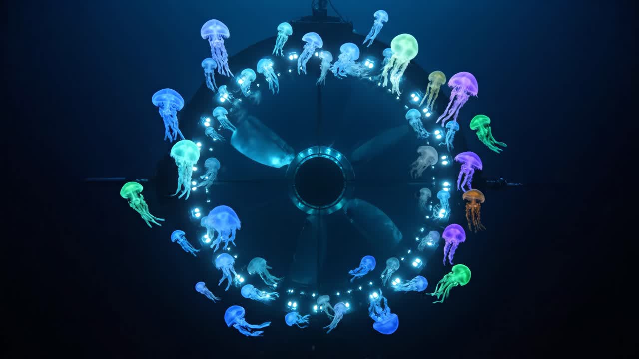 Glowing Jellyfish Around Submarine Propeller