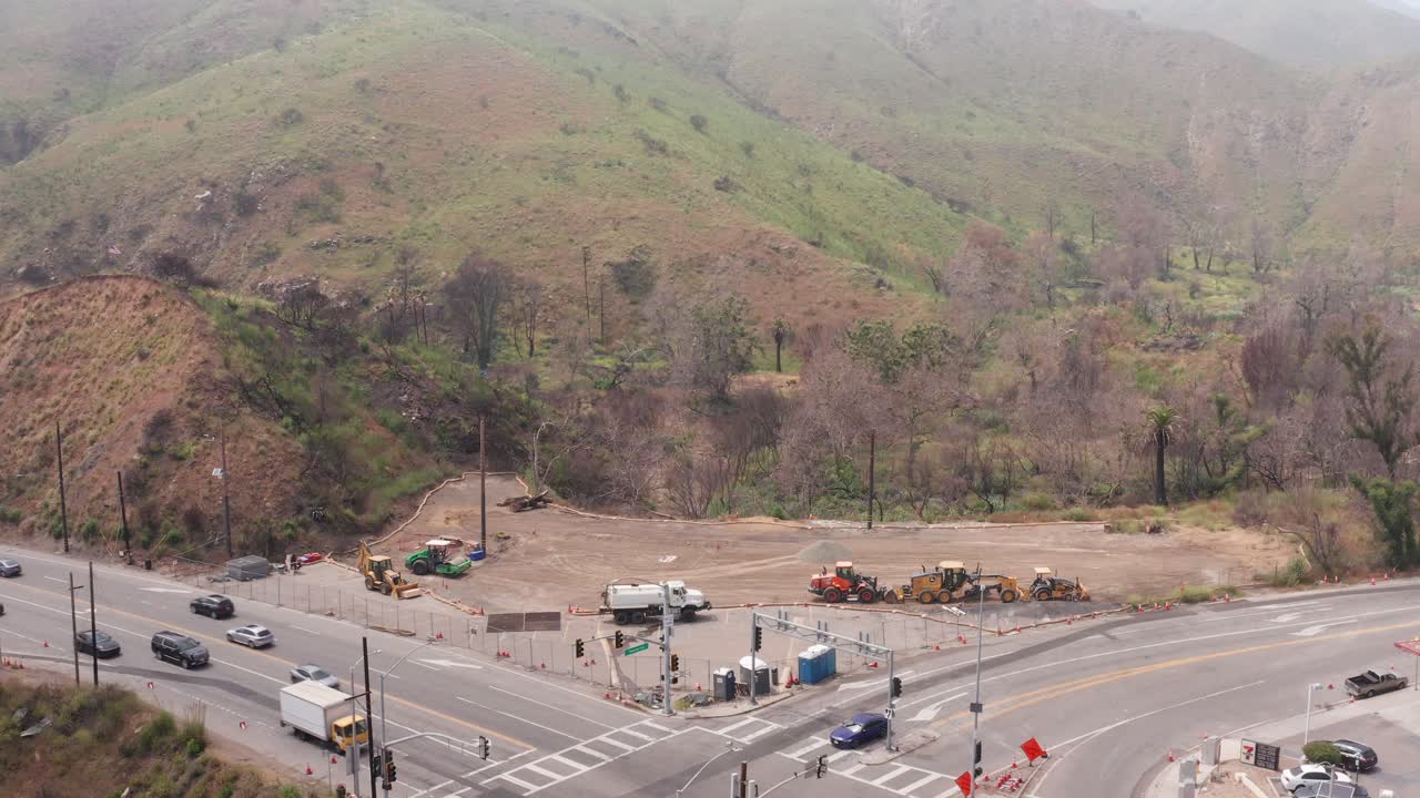 Aerial close-up panning shot of the former site of the Malibu Feed Farm that was burned in the Palisades Fire in Malibu, California. 4K