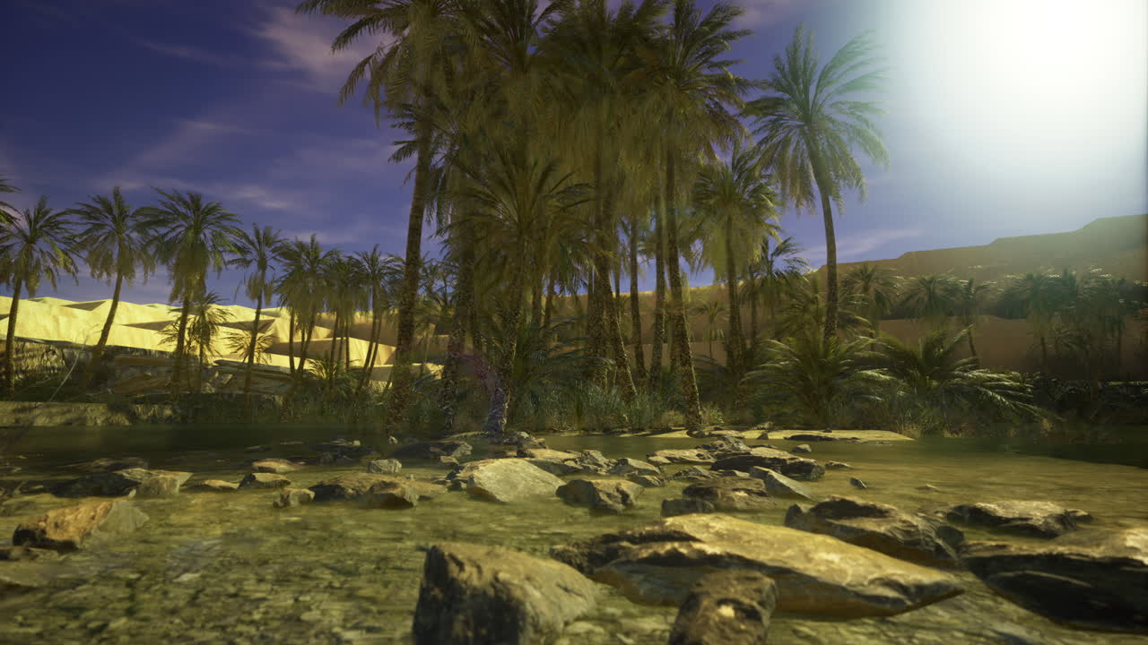 Calm oasis surrounded by palm trees and rocks in a desert setting